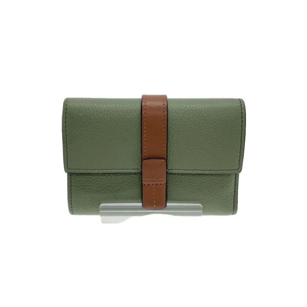Loewe Rosemary Green Bi-fold Pebble Leather Wallet with Brown Strap Snap Closure